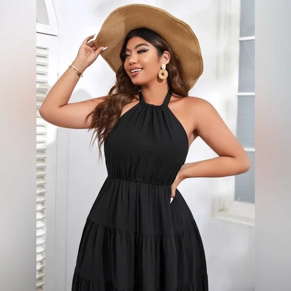 Solid Tie Backless Ruffle Hem Halter Dress - Picture 9 of 13